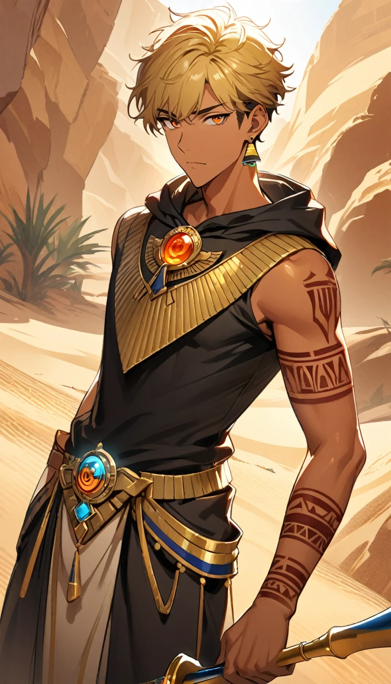 Desert Background，Handsome young man, blond, Orange Eyes, short hair, Black Hoodie,high quality, Draw Amount, pixiv illustrations，Tanned skin，Red tattoo on the arm，(Egyptian style，Egyptian Dress Up)，Scepter，earrings，Sunlight，((Vision)),Wide-angle lens