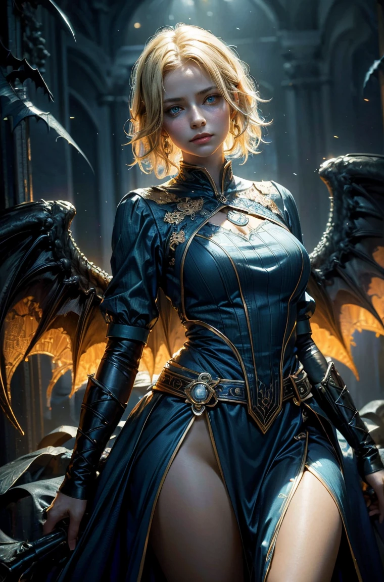 60 year old Standing wearing a ankle length or full colorful dress that covers her thighs BLONDE A female blonde succubus with bat wings tipped with claws, with mesmerizing feature masterpiece, top quality, best quality, official art, beautiful and aesthetic:1.2), (1girl), extreme detailed,(fractal art:1.3), colorful, highest detailed, (masterpiece, best quality:1.3) 1 bright-amber, blue, green cat like-eyes, professional digital painting, Unreal Engine 5. wearing a long dress, Hopeful expression, finely detailed eyes, happy mood, Wearing a full coverage blouse, epic scene, epic composition, Cinematic Lighting, Volumetric Lighting, ethereal light, intricate details, extremely detailed volumetric rays. oil painting, Detailed facial features, Sunlight, bright colors, dramatic lighting, expressive eyes and lips, High Resolution, 4K quality, Photorealistic