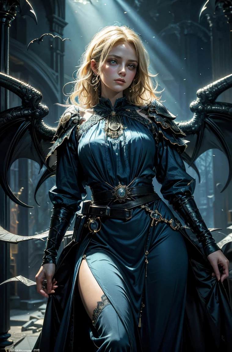 60 year old Standing wearing a ankle length or full colorful dress that covers her thighs BLONDE A female blonde succubus with bat wings tipped with claws, with mesmerizing feature masterpiece, top quality, best quality, official art, beautiful and aesthetic:1.2), (1girl), extreme detailed,(fractal art:1.3), colorful, highest detailed, (masterpiece, best quality:1.3) 1 bright-amber, blue, green cat like-eyes, professional digital painting, Unreal Engine 5. wearing a long dress, Hopeful expression, finely detailed eyes, happy mood, Wearing a full coverage blouse, epic scene, epic composition, Cinematic Lighting, Volumetric Lighting, ethereal light, intricate details, extremely detailed volumetric rays. oil painting, Detailed facial features, Sunlight, bright colors, dramatic lighting, expressive eyes and lips, High Resolution, 4K quality, Photorealistic