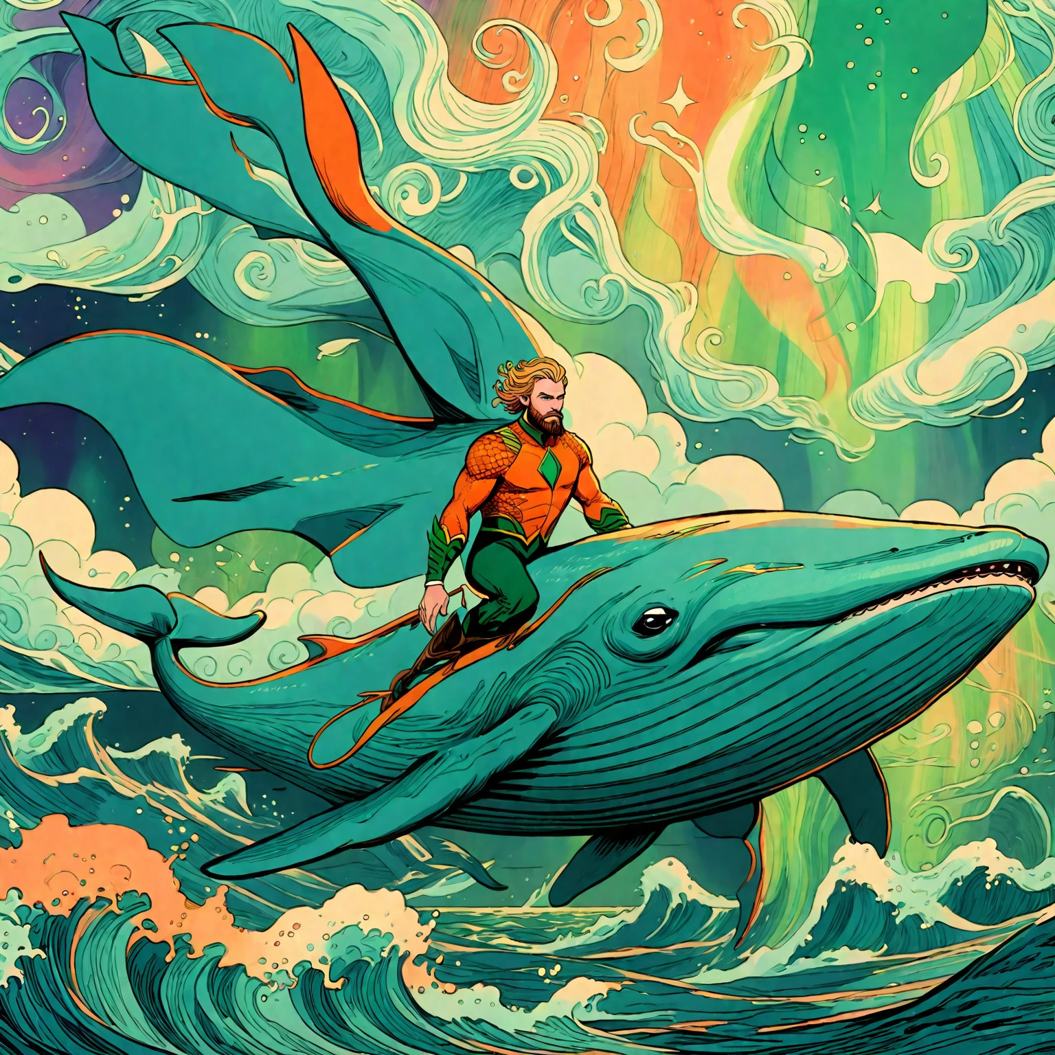 **wordless** aquaman riding a flying whale, (vintage orange and green suit), animated, splash page, expressive bold line illustration, fantasia style flying whales, northern lights, aurora borealis, ethereal, surreal, abstract, ornate, cartoon, hand drawn, cinematic, vivid strange aurora borealis coloring