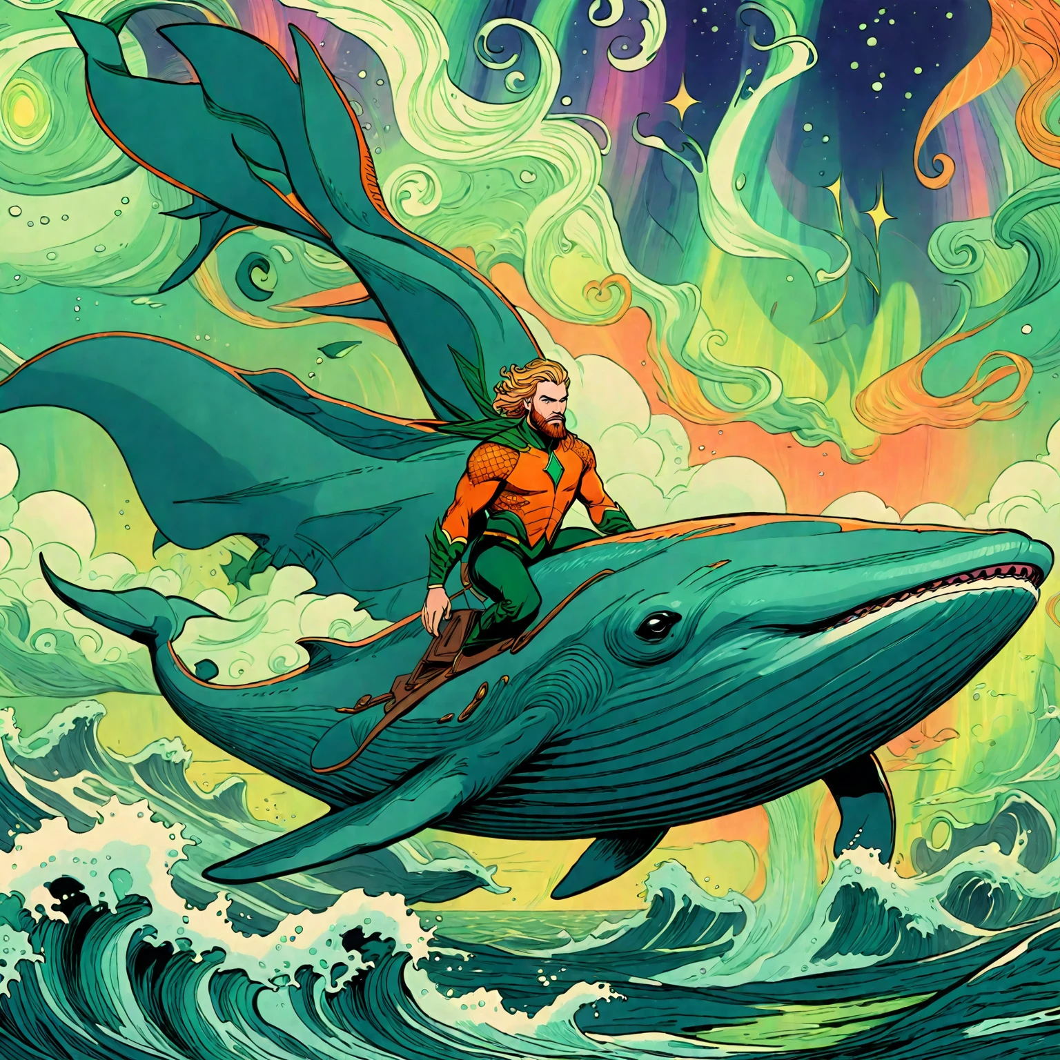 **wordless** aquaman riding a flying whale, (vintage orange and green suit), animated, splash page, expressive bold line illustration, fantasia style flying whales, northern lights, aurora borealis, ethereal, surreal, abstract, ornate, cartoon, hand drawn, cinematic, vivid strange aurora borealis coloring
