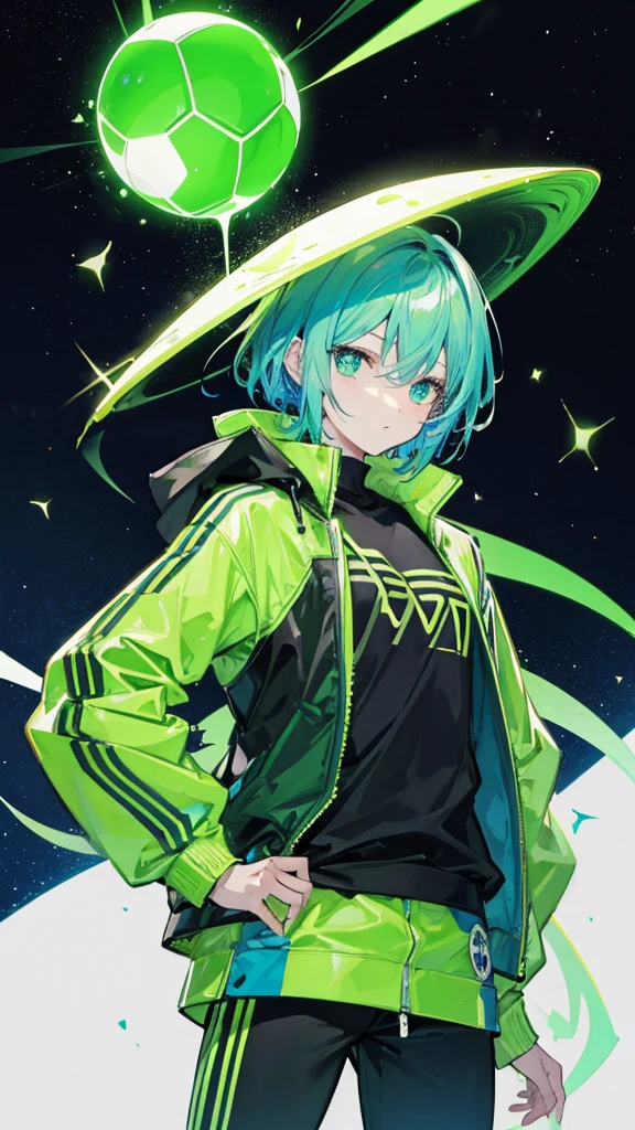  A male green alien playing soccer. On a galaxy