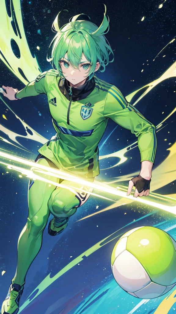 A male green alien playing soccer. On a galaxy