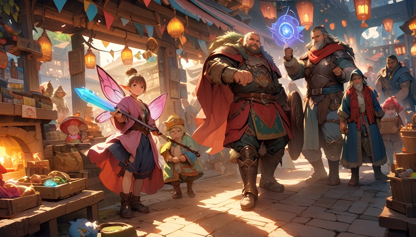 (masterpiece:1.4), (Highest quality:1.4), Very detailed, Complex, Very detailed, shape,Soft lighting, A bustling market in a magical city, Talk to the salesperson, View the magic items，Hopeful Face, smile, More than one person, Mixed gender, a group of adventurers, character from RPG games, (character: human, Fairy, Fairy, Dwarf, The Hobbit), (exterior: Swordsman Style, Shaman Style, Monk Style, Magician style), (belongings: Long sword, dagger, Holy Staff, Magic wand, shield, metal armor, Leather Armor), Perfectly accurate anatomical shape、All limbs intact、Perfect full finger, Colorful characters, A place to buy and sell mystical artifacts, Inside the store，Huge, Majestic, Uplifting expressions, Everyone&#39;s expressions are amazing.
