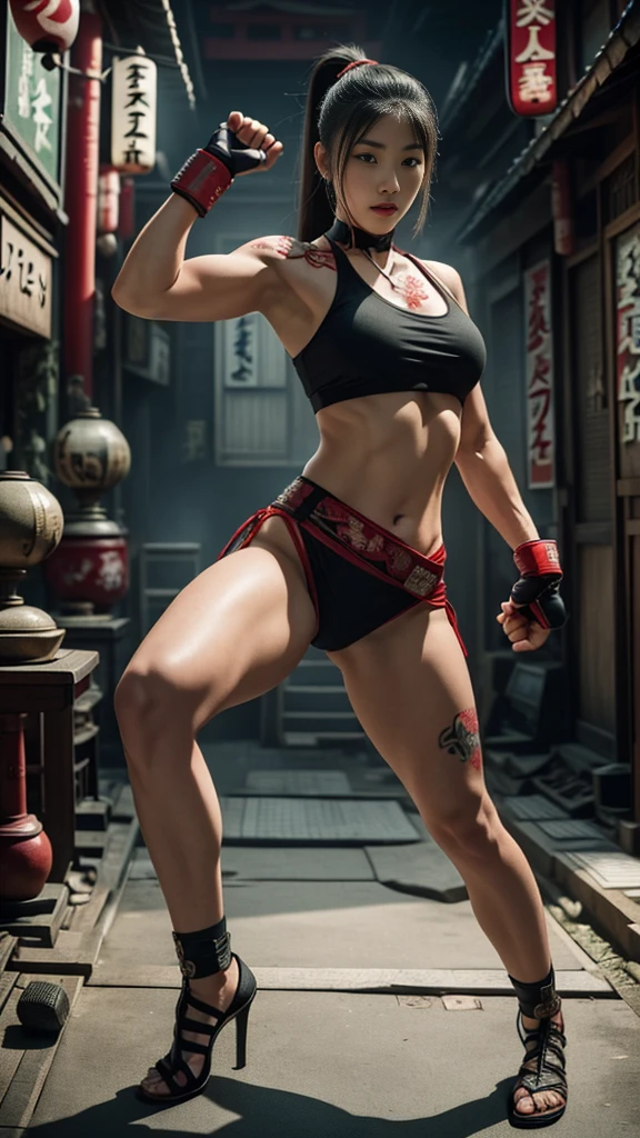 Beautiful Japanese female, (), Mixed Martial Arts, (belly exposed, everyday clothes worn around the house:1.3), tank top, (MMA gloves), fit, (muscles:1.2), athletic feminine body, female fitness model body, Tokyo landmarks in the background, masterpiece, perfect lighting, ultra high resolution, 8K, She is an exceptional MMA fighter, hard toned feminine body, (very long ponytail, straight bangs:1.2), (sexy smile for the camera:0.7), (very sexy pose), (kung fu fighter in fighting stance, holding very large weapon in hand, wearing very large weapon, standing with very large weapon, raising very large weapon:1.3), (tattoos all over body, 80% of body covered in Japanese tattoos:1.5), red lips, red high heels, choker, necklace, earrings, (highly detailed:1.4), front view, looking at camera, pensive expression, (Tokyo city, many people in the background),