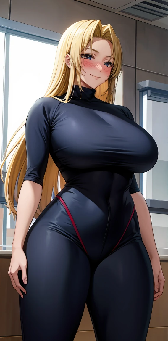 Yuki tsukumo from jujutsu kaisen, long hair, blonde hair, front view detailed body, long belly, big , tight body , thicc breast , thicc thighs, standing , front shot, facing at viewer, cowboy shot, looking at viewer, facing at viewer, bodysuit, standing, gym, indoors