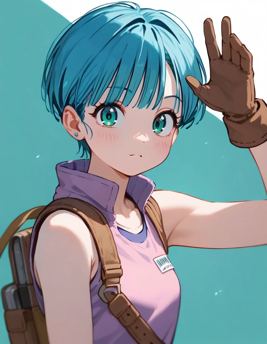 female anime character with blue hair and green eyes. She is wearing a pink and purple sleeveless top with the word \"Bulma\" written on it, and she has a brown glove on her left hand, best artstation fanart, anatomically correct, super detailed, high quality, 4K