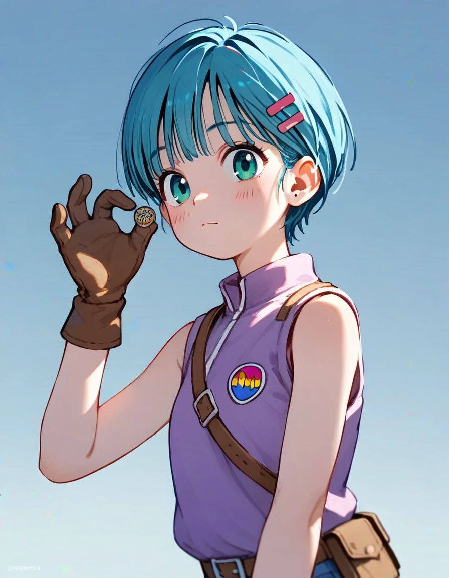 female anime character with blue hair and green eyes. She is wearing a pink and purple sleeveless top with the word \"Bulma\" written on it, and she has a brown glove on her left hand, best artstation fanart, anatomically correct, super detailed, high quality, 4K