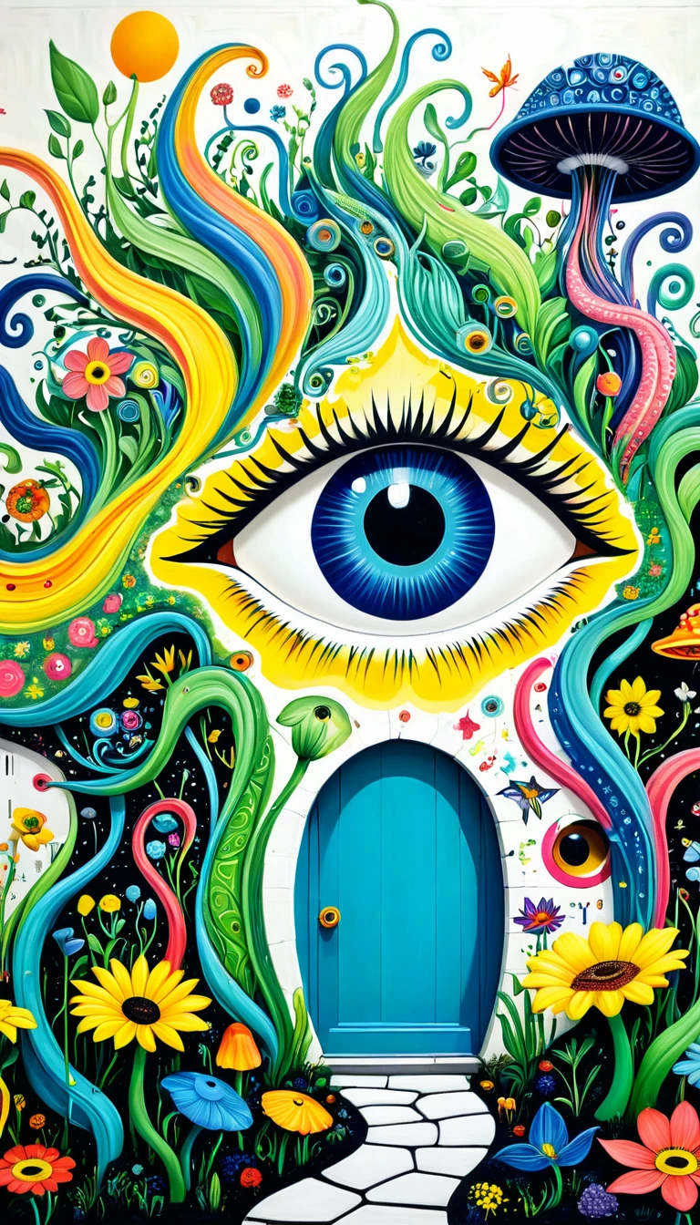 Children's graffiti,Thick coating,Concave and convex texture,Oil pastel strokes:大树上的house、house、flowesh、s、bird、(((Eye)))、diatom,Abstract mosaic painting,Describing the inner world of autistic people,Sense of space,White Space,interesting,Innocence,Psychedelic Art,