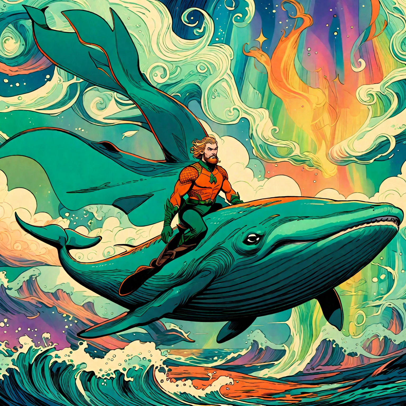 **wordless** aquaman riding a flying whale, (vintage orange and green suit), animated, splash page, expressive bold line illustration, fantasia style flying whales, northern lights, aurora borealis, ethereal, surreal, abstract, ornate, cartoon, hand drawn, cinematic, vivid strange aurora borealis coloring
