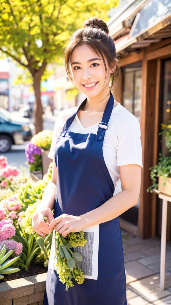 ((masterpiece,best quaLightingy 1.4)), (8k,RAW Photos:1.2), (Realistic,photo Realistic:1.4), Ultra-high resolution , (Highly detailed 8k wallpaper) ,Japanese Idols, Japanese actress, Japanese, very cute, Big eyes, Highly detailed eyes and face, Beautiful eyes in every detail,Glowing Skin,Portraiture,(ponytail :1.2),(smile:1.3) ,(Holding a small, cute flower:1.2),Lighting, Sharp focus, Written boundary depth , (Dynamic Angle:1.4 ). Blur the background, Bokeh, (apron:1.3) ,A small flower shop bathed in spring sunlight, Colorful flowers lined up. In front of the shop, Vibrant bouquets and hanging succulents on display... The background is cobblestones and old-fashioned streetscapes..