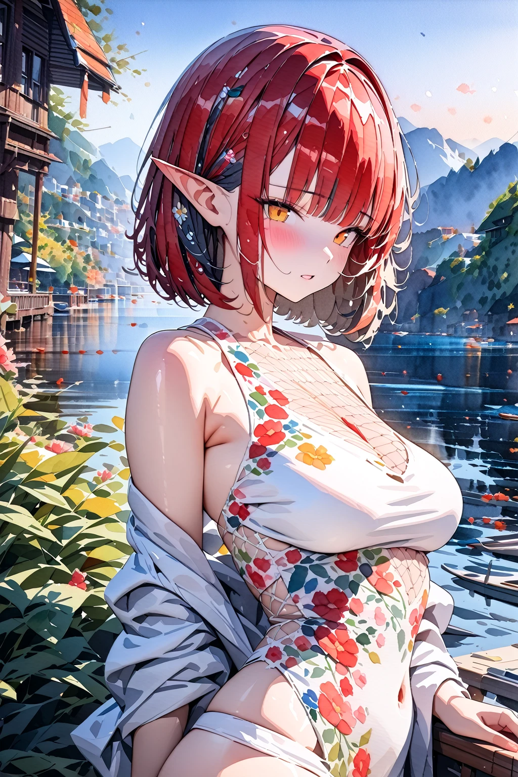 (masterpiece, best quality:1.5), (ultra detailed, high resolution, 8k, beautiful detailed, UHD, best anatomy), red bob cut hair, medium breasts, 1 cute elf, (watercolor painting Art:2), gorgeous, genial, colorful