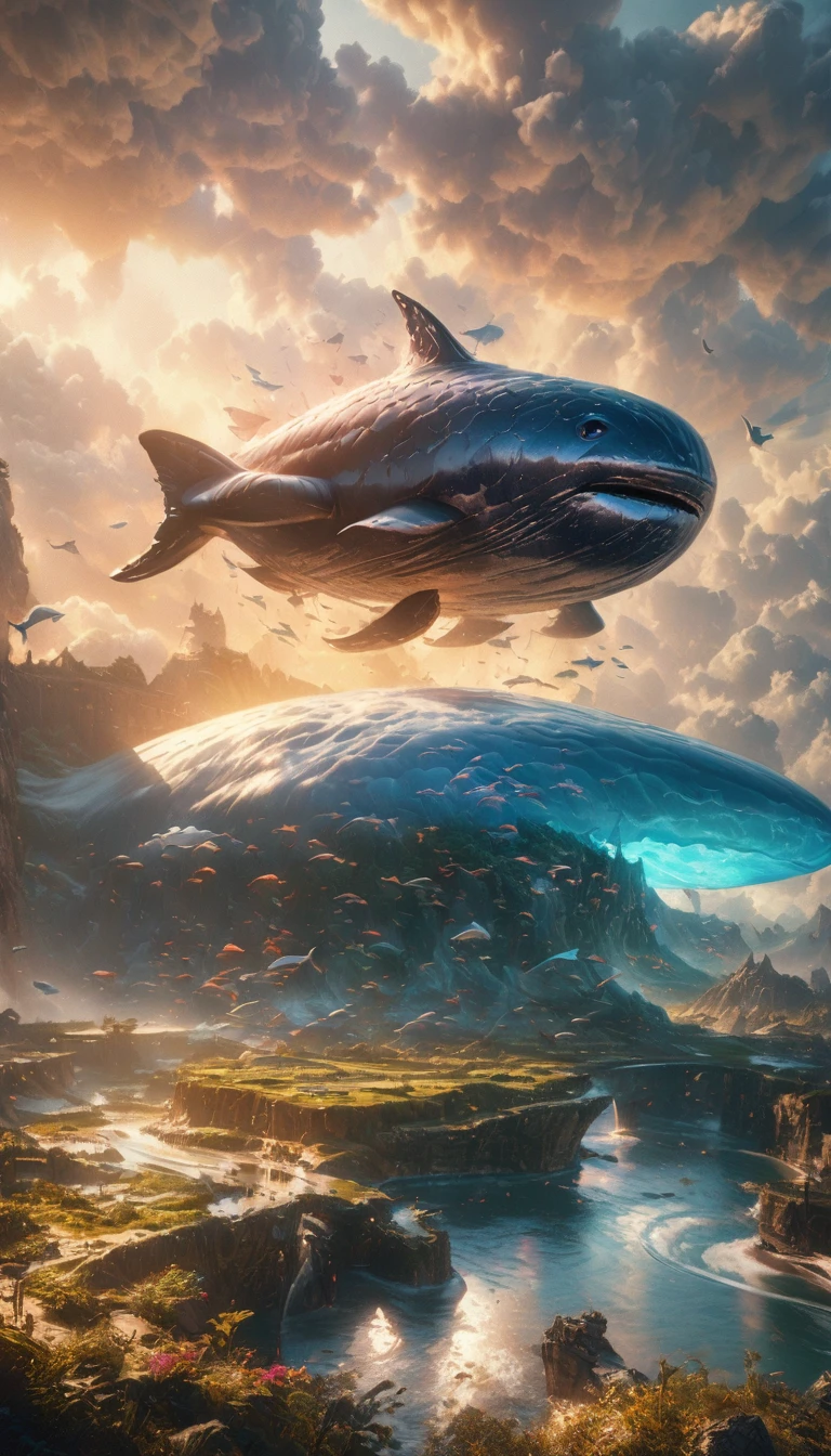 a flying whale, whale in the sky, whimsical digital art, surreal landscape, fantasy creature, magical realism, cinematic lighting, dramatic clouds, vibrant colors, ethereal atmosphere, intricate details, photorealistic, (best quality,4k,8k,highres,masterpiece:1.2),ultra-detailed,(realistic,photorealistic,photo-realistic:1.37)