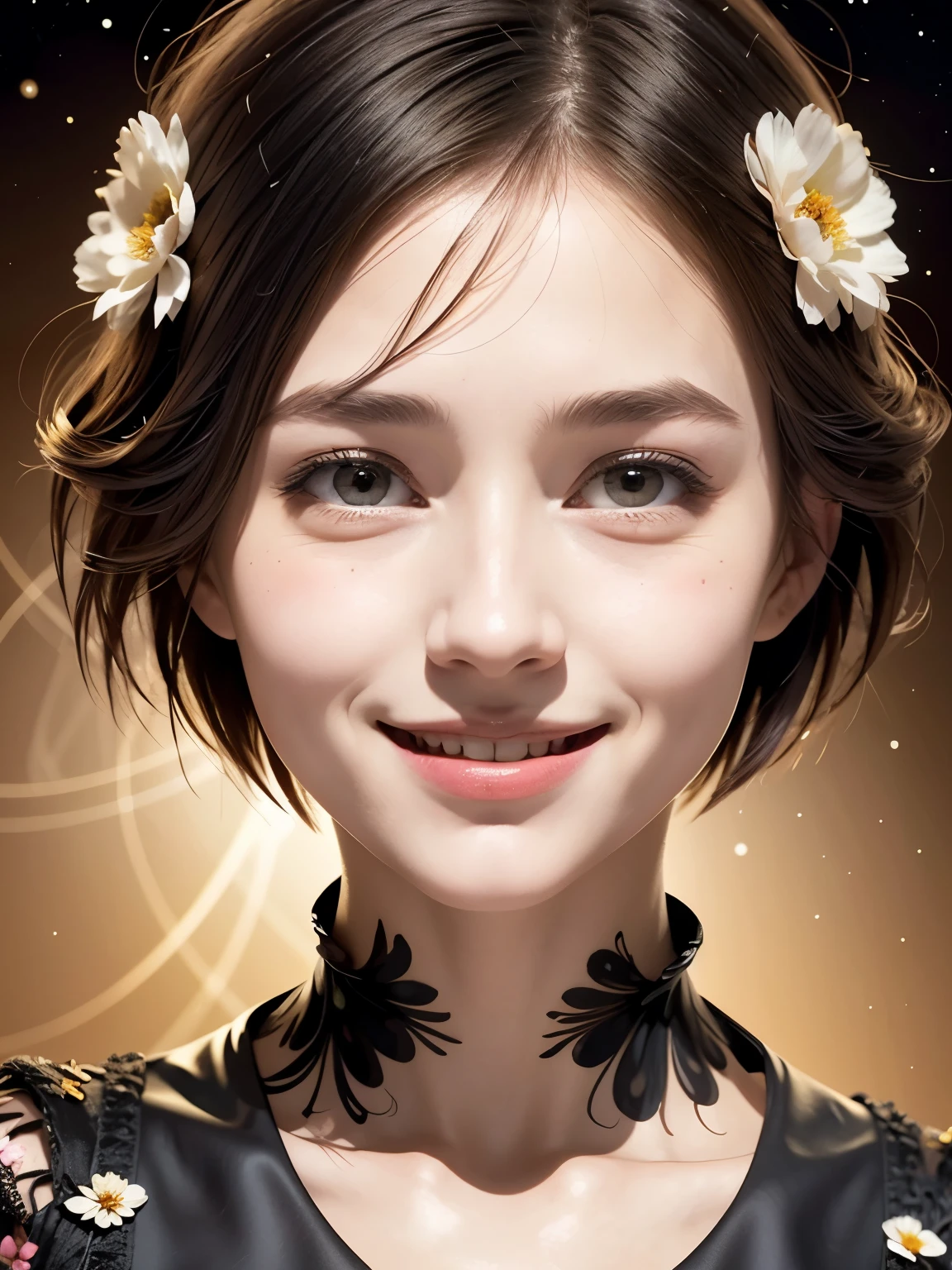 257 20-year-old female, (short hair),(Abstract background,Fractal Art), smile, flower