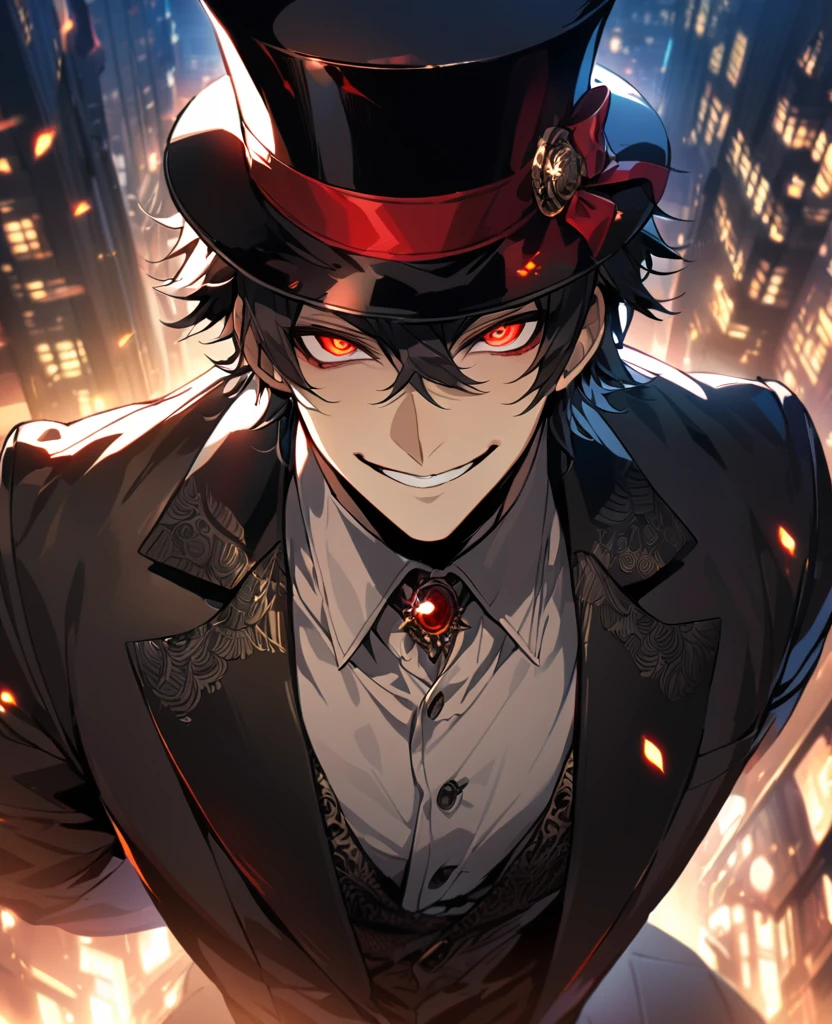 (black_hair), (deep_red_eyes), (detailed_eyes), (smile), (handsome), (Attractive), (night_city_background), (glowing_eyes), (male), (black_suit), (long_male_hair), (detailed_Hair), (detailed), (detailed_mouth), (top_hat), (detailed_top_hat), (crazy)