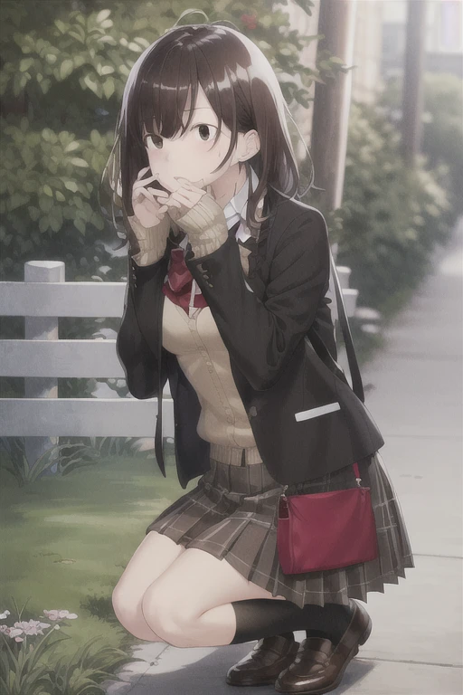 masterpiece, best quality, 1 Girl, Solitary, skirt, Bag, outdoor, jacket, Squat, sock, shoe, Looking at the audience, 棕色shoe类, , lattice, 乐福shoe, Casual suits, Brown hair, lattice skirt, black sock, Long sleeve, Bangs, Open clothes, open jacket, bow, Brown eyes, pleated skirt, bowtie, sky, Long hair, whole body, bushing, red bow, Knee-length, shirt, Shut up, Sleeves over wrists, 背Bag, Cover your face with your hands, red bowtie, black jacket, school Bag, blush, plant, brown skirt, Put your hand on your cheek, Vague, from the side, hands up, looking off to the side, collared shirt, miniskirt, white shirt, Cardigan, Grass, sweater, A faint smile