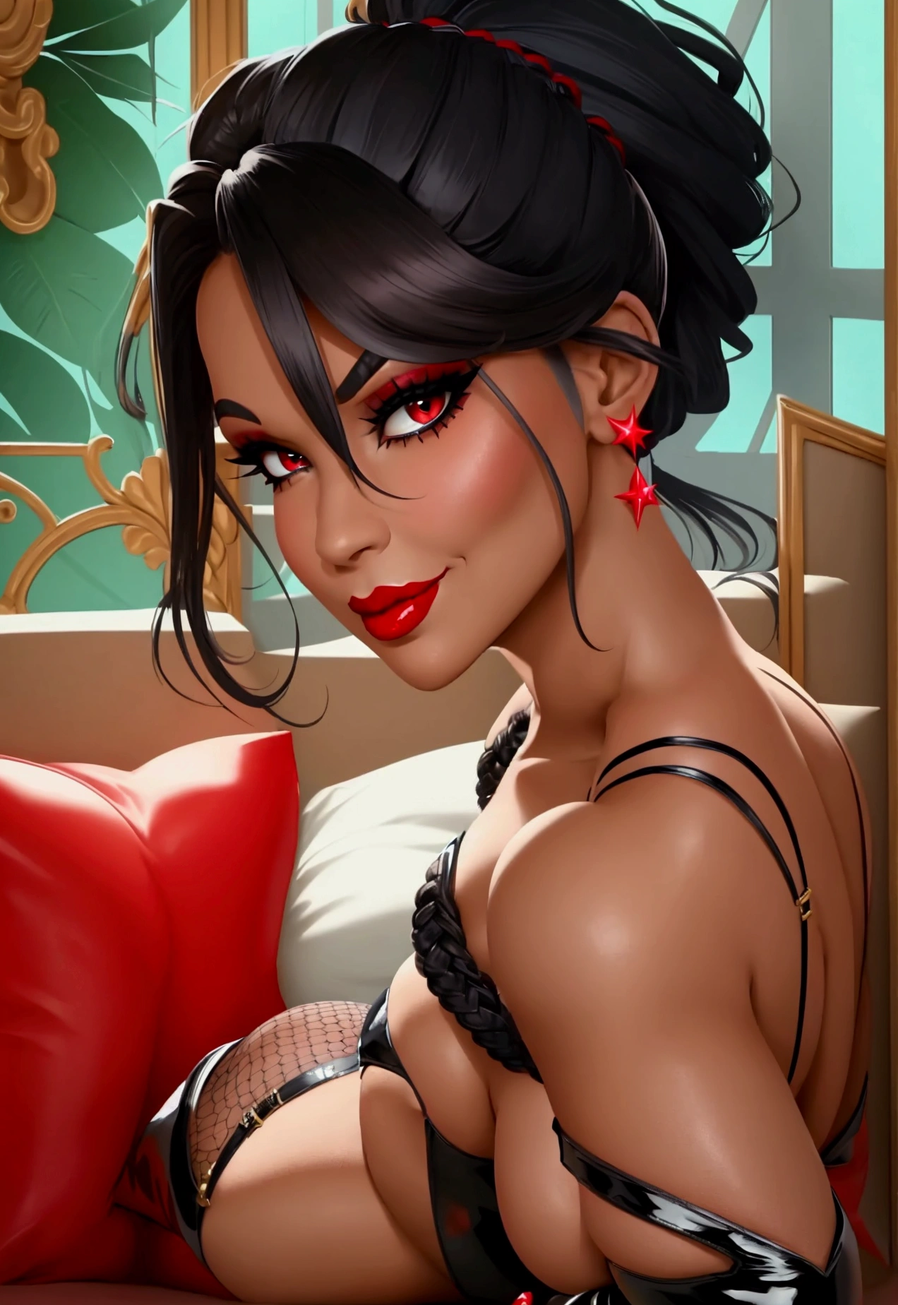 full body picture, voluptuous beauty, black braided ponytail, thigh high boots with stiletto heels, lingerie, red lipstick, dark eyeshadow, seductive pose, wicked sultry smile, coy head tilt