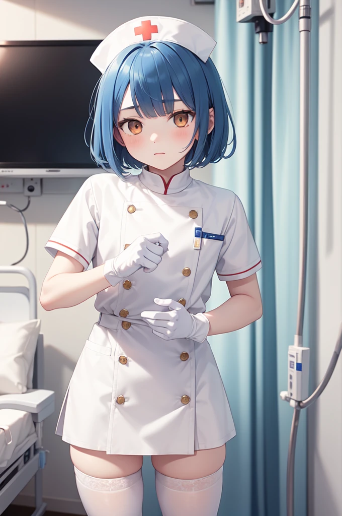 1boy, solo, male focus, nurse, white nurse cap, white nurse uniform, ((white legwear, zettai ryouiki)), white gloves, bobcut, blue hair, orange eyes, no impression, standing, ((hospital room)), sharp outline, short sleeves, , 12 yet quality, masterpiece
