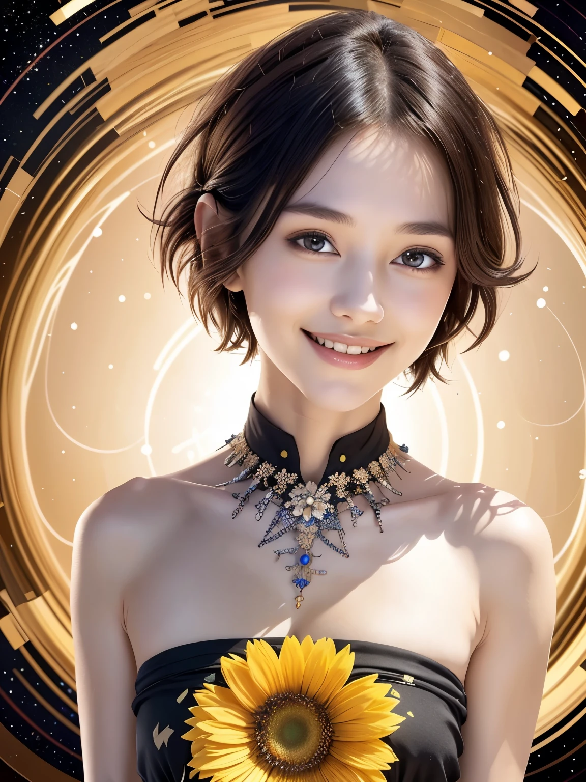 257 20-year-old female, (short hair),(Abstract background,Fractal Art), smile, flower