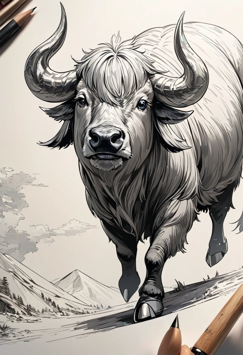 Yak tattoo, grey, Microrealism, Line Art