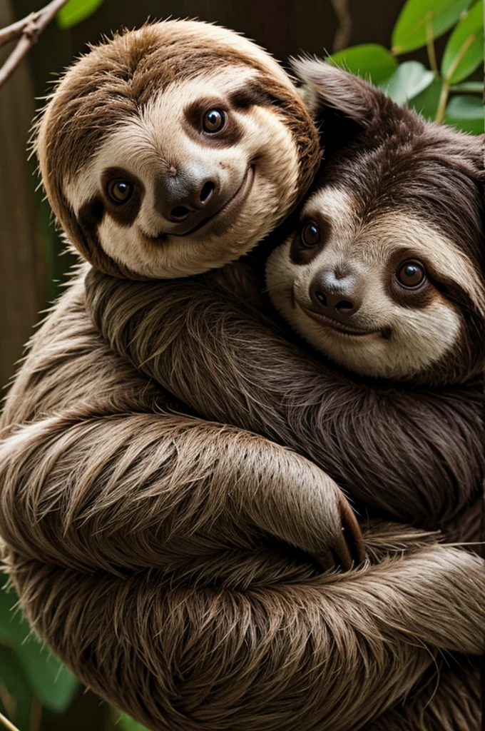 A sloth, a cat and a rabbit tenderly hugging each other 
