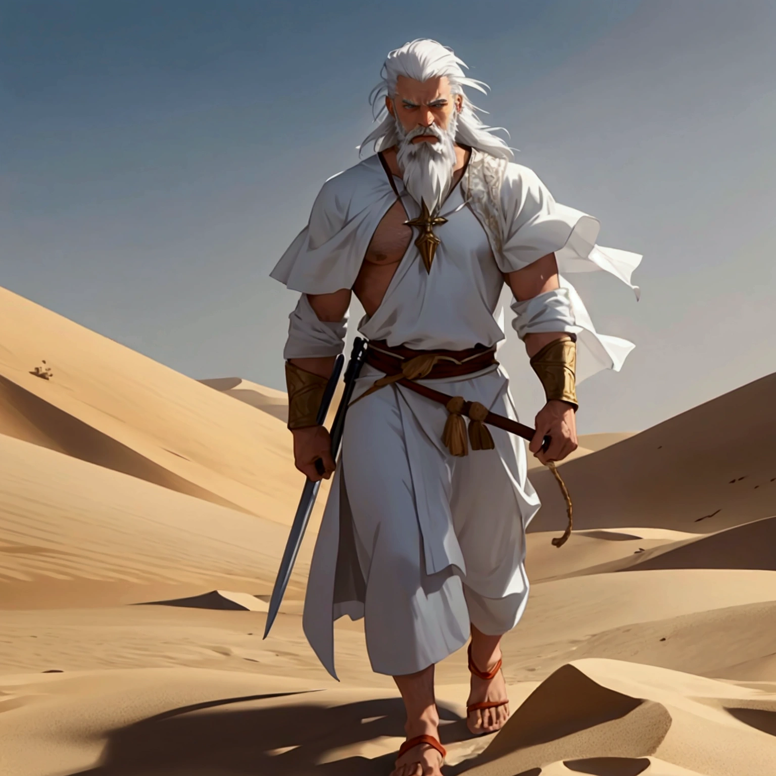 A strong man with white hair and beard, dramatic image, the man is in a white tunic walking through the desert , a warrior wizard