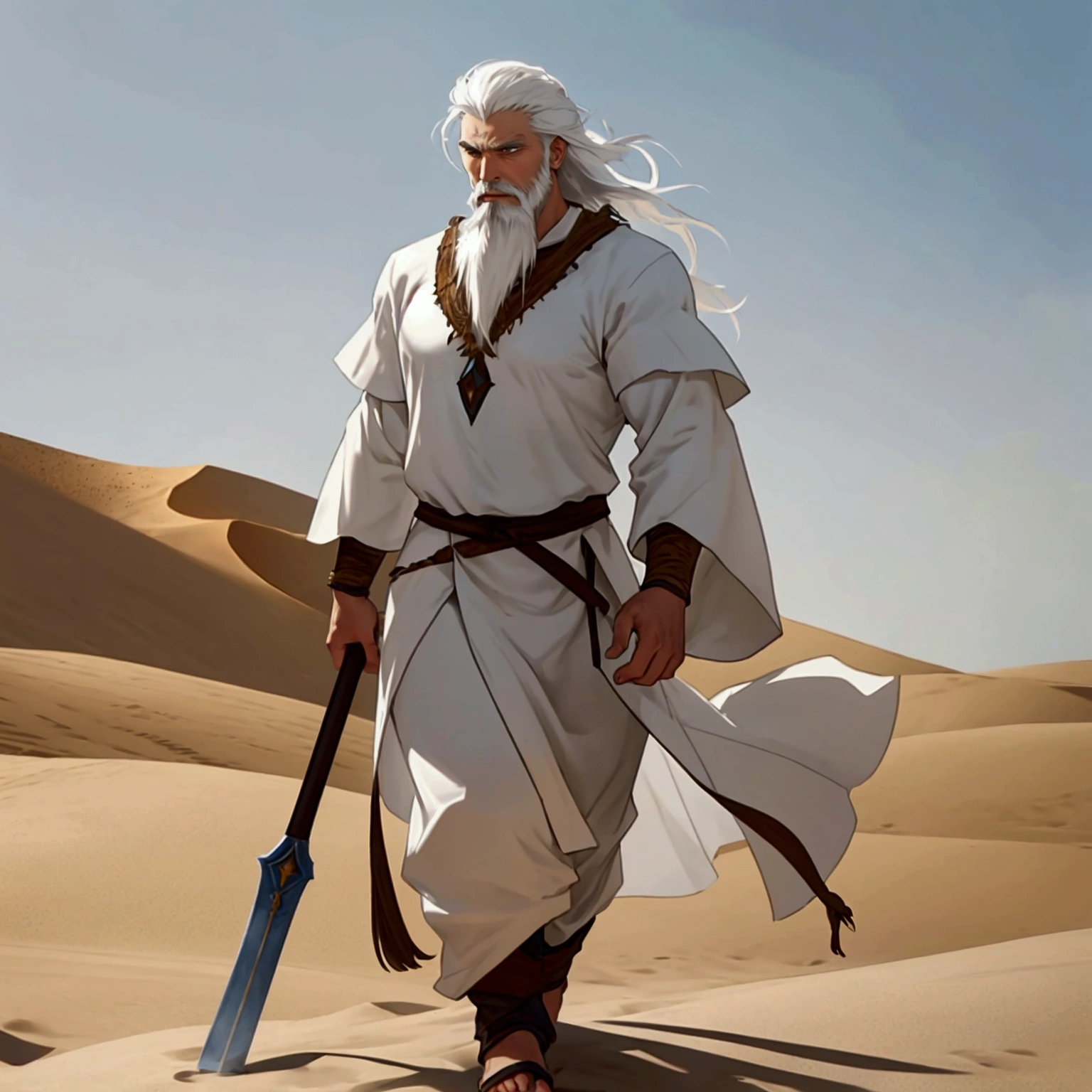 A strong man with white hair and beard, dramatic image, the man is in a white tunic walking through the desert , a warrior wizard 