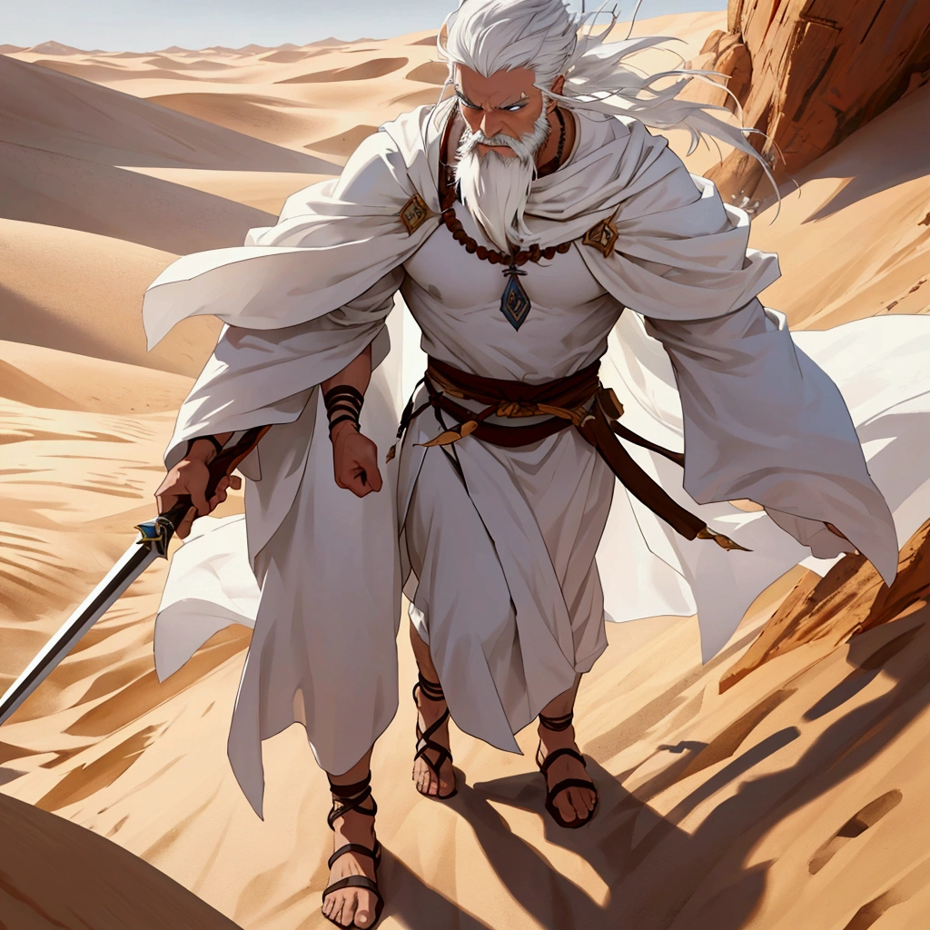 A strong man with white hair and beard, dramatic image, the man is in a white tunic walking through the desert , a warrior wizard 
