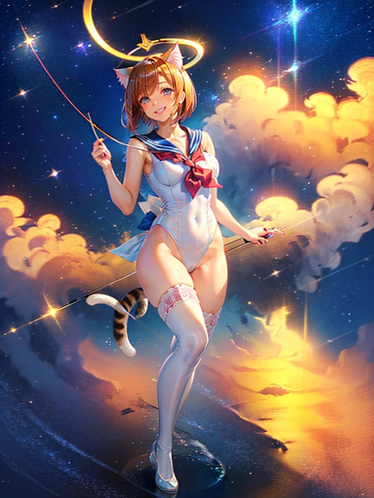 Highest quality,Highest Resolution,Masterpiece,(((A beautiful girl in a sailor leotard with a smile on her face))),High leg,Frills,White knee-high stockings,,Red tie,(((Cat ear))),(((Halation))),Brown hair short bob,(((archery))),White angel wings on the back,universe,Milky Way,Meteor,dark,Bow of Light,whole body,Bow of Light,A distant view,Side view,(((Draw the bow))),Halo,弓を引いている,