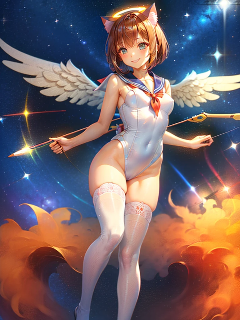 Highest quality,Highest Resolution,Masterpiece,(((A beautiful girl in a sailor leotard with a smile on her face))),High leg,Frills,White knee-high stockings,,Red tie,(((Cat ear))),(((Halation))),Brown hair short bob,(((archery))),White angel wings on the back,universe,Milky Way,Meteor,dark,Bow of Light,whole body,Bow of Light,A distant view,Side view,(((Draw the bow))),Halo,弓を引いている,