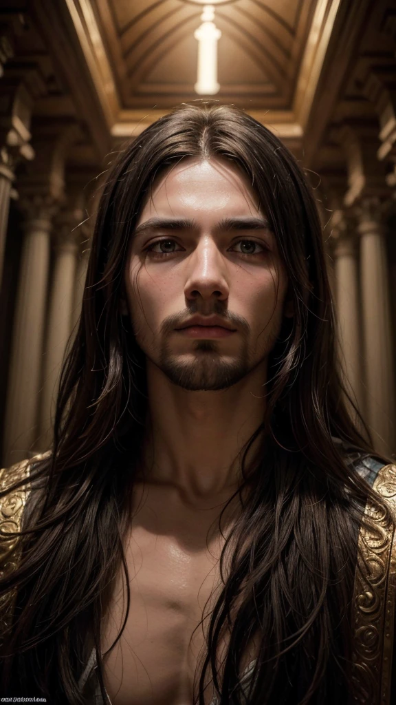 A detailed portrait of Jesus Christ, with a compassionate and intense expression. Jesus is looking directly at the viewer, conveying a deep and empathetic connection. The dramatic lighting enhances his features, creating a chiaroscuro effect that adds depth and contrast to the image. The portrait, In the style of oil painting, features a religious atmosphere with an ornate background that nods to traditional Christian iconography. Inspired by the Renaissance style, the image displays dramatic shadows and vivid colors, with cinematic lighting that accentuates the emotion of the moment. Facial features are highly detailed, capturing every nuance of expression and skin texture. The work is a true masterpiece, high quality and resolution, in 8K, with impressive photographic realism.