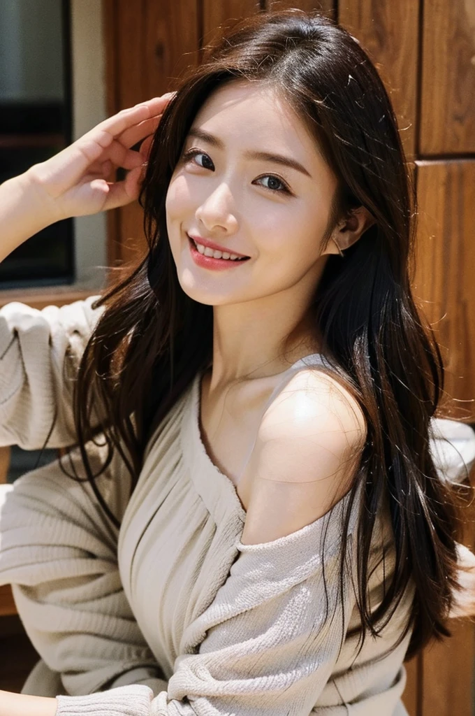 masterpiece:1.3), (8k, Photorealistic, Raw photo, Best image quality: 1.4), Japanese women、(Shoulder-length hair:1.2)、Indoors at night、Super detailed face、Attention to detail、double eyelid、((Off the shoulder)),Put your chest together、Sharp focus:1.2、Beautiful woman:1.4、Light brown hair、Highest quality、masterpiece、Ultra-high resolution、(Photorealistic:1.4)、Highly detailed and professional lighting、thin、Shy smile、,((Half-taken clothes:1.5)) ,she,Spoiled,D Cup,valley,,