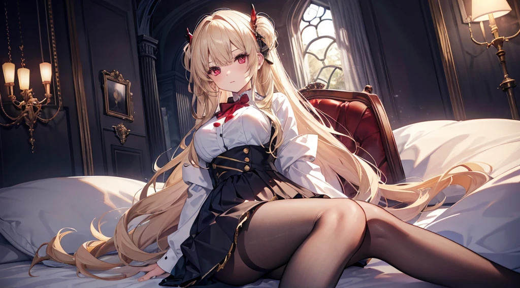 Highest quality, masterpiece, figure, wallpaper,One girl,White shirt, Light Hair, Beautiful detailed girl, Highly detailed eyes and face, Beautiful attention to detail, Shine,Browsing Caution, View your viewers, bed, night, Black Pantyhose, Straight hair, Red Eyes, long hair,Blonde, thick_Thighs, Large Breasts, Red eyes,Sitting,beautiful finger, clear background, deep night, Lying down、vampire