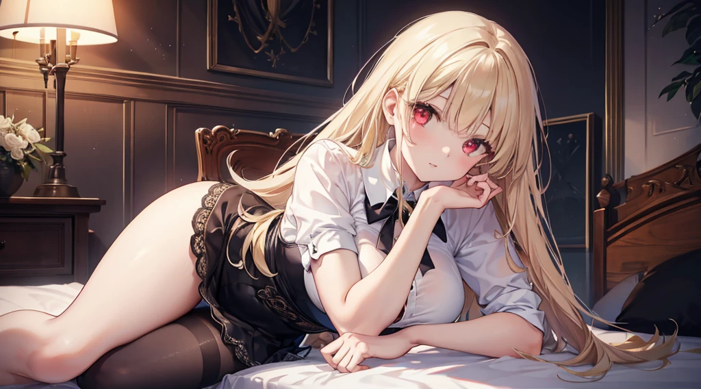 Highest quality, masterpiece, figure, wallpaper,One girl,White shirt, Light Hair, Beautiful detailed girl, Highly detailed eyes and face, Beautiful attention to detail, Shine,Browsing Caution, View your viewers, bed, night, Black Pantyhose, Straight hair, Red Eyes, long hair,Blonde, thick_Thighs, Large Breasts, Red eyes,Sitting,beautiful finger, clear background, deep night, Lying down、vampire