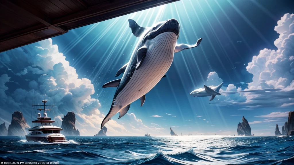 Flying whale jumps over a yacht, opening its huge mouth, clear sunny sky, splashing water, (best quality,4k,8k,highres,masterpiece:1.2),ultra-detailed,(realistic,photorealistic,photo-realistic:1.37),detailed whale anatomy,dramatic lighting,cinematic composition,vibrant colors,smooth shading,dramatic ocean waves,shimmering sun reflection,