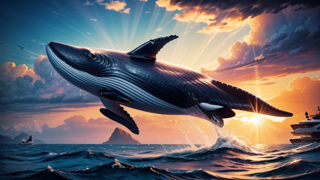 Flying whale jumps over a yacht, opening its huge mouth, clear sunny sky, splashing water, (best quality,4k,8k,highres,masterpiece:1.2),ultra-detailed,(realistic,photorealistic,photo-realistic:1.37),detailed whale anatomy,dramatic lighting,cinematic composition,vibrant colors,smooth shading,dramatic ocean waves,shimmering sun reflection,