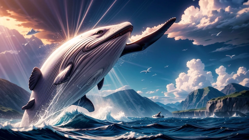 Flying whale jumps over a yacht, opening its huge mouth, clear sunny sky, splashing water, (best quality,4k,8k,highres,masterpiece:1.2),ultra-detailed,(realistic,photorealistic,photo-realistic:1.37),detailed whale anatomy,dramatic lighting,cinematic composition,vibrant colors,smooth shading,dramatic ocean waves,shimmering sun reflection,