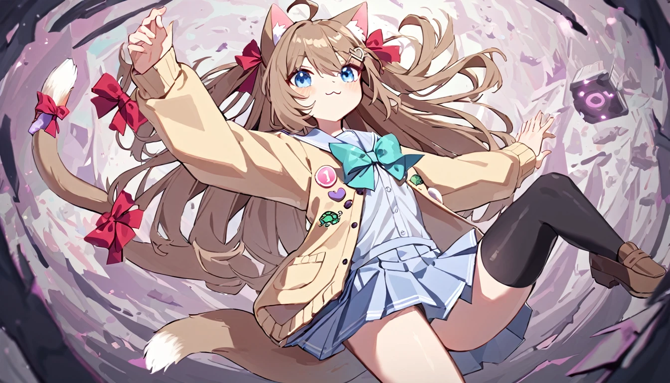 1girl, neuro-sama, blue eyes, light brown hair, ahoge, two side up, hair ribbon, red ribbon, heart hair ornament, yellow cardigan, open cardigan, blue sailor collar, long sleeves, aqua bow, purple heart, button badge, star \(symbol\), drone, the number "1" on a badge, turtle, blue skirt, pleated skirt, asymmetrical legwear, black thighhighs, black kneehighs, bandaid on knee, brown footwear, loafers,cat ears, cat tail, tail bow, :3,