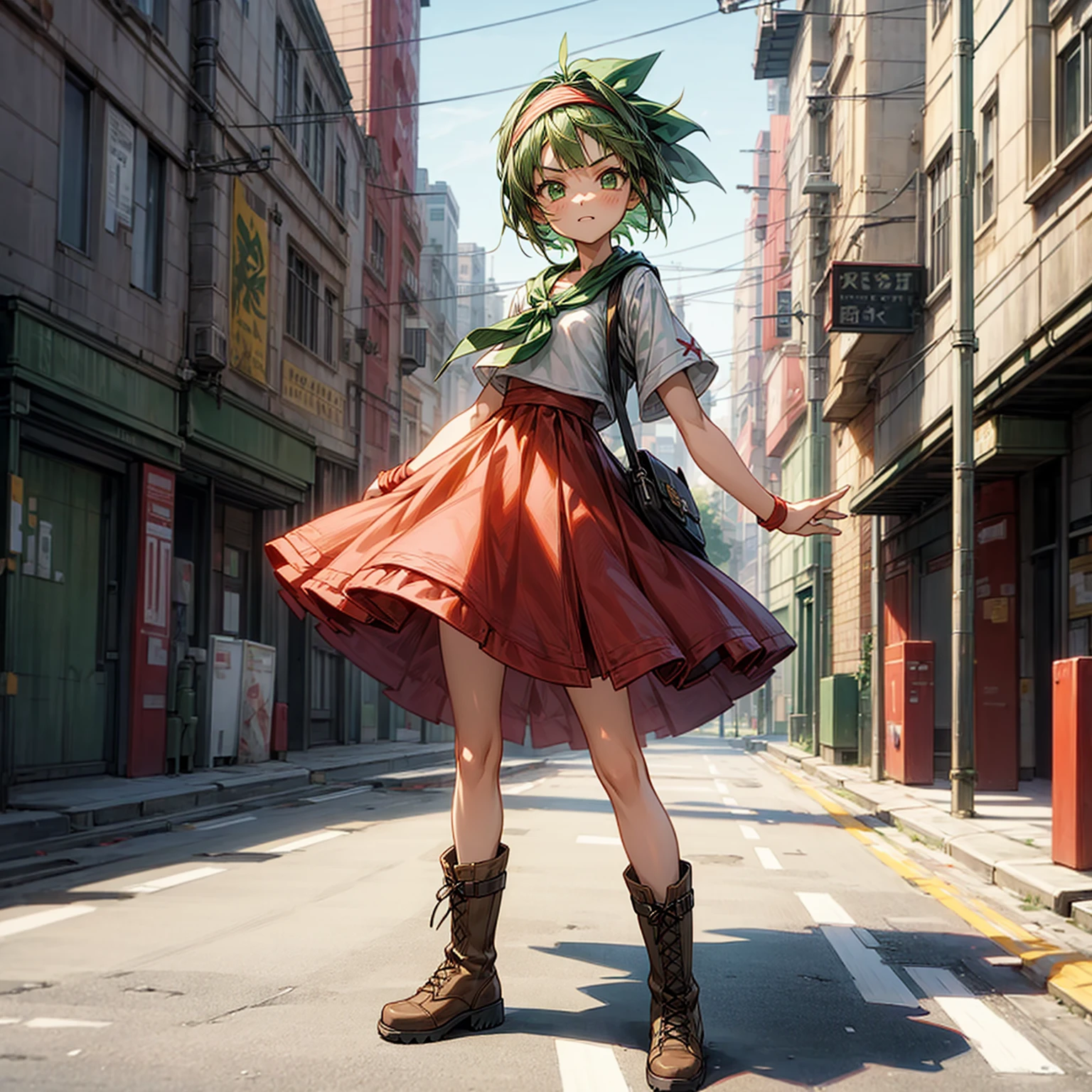 1children girl, Full body version, 1character, green eyes, short haircut, green color hair, casual style clothing, red colour clothing, headband bandana, boots, Grassroots, background in city street, motion blur, (Hunter x Hunter style art), standing gesture, cute face