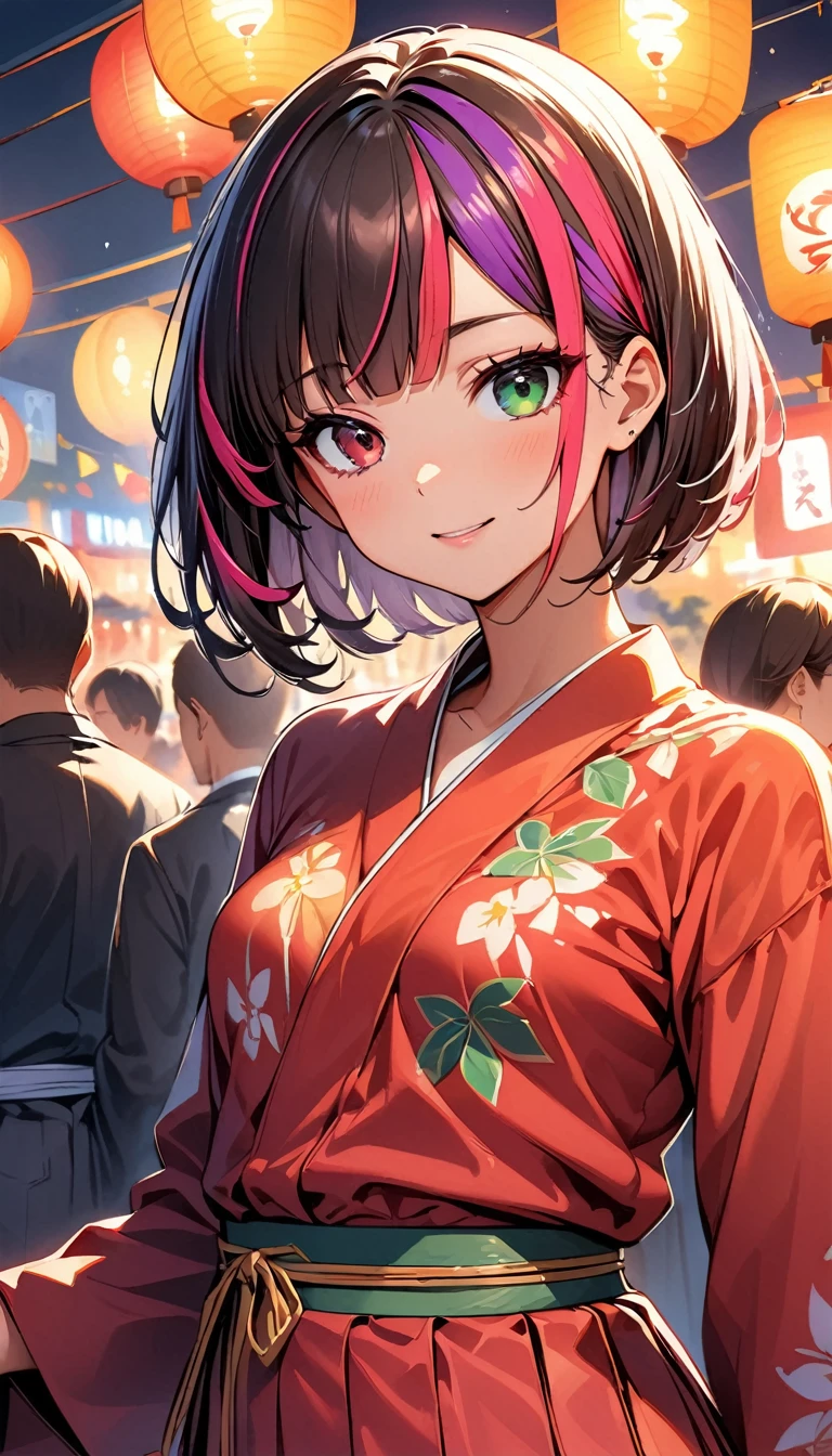(highest quality:1.2, Very detailed, up to date, Vibrant, Ultra-high resolution, High Contrast, masterpiece:1.2, highest quality, Best aesthetics), Portraiture、girl、solo, (25-years-old:1), slim, , heterrochromia, green eye, red eye, (traditional yukata), summer festival, bon dance, Bright colors、Beautiful fine details、Beautiful lip detail、extra short hair, ((bob cut:1.5))、pink and purple, ((streaked hair:1.9)), (highlights hair: 1.6), (small breast:1.3), (tan skin:0.7), cowboy shot:1