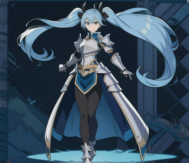 An anime picture, a perfect body, full body, villages background, female warrior, black twin tails, Blue sexy armor, and blue leggings