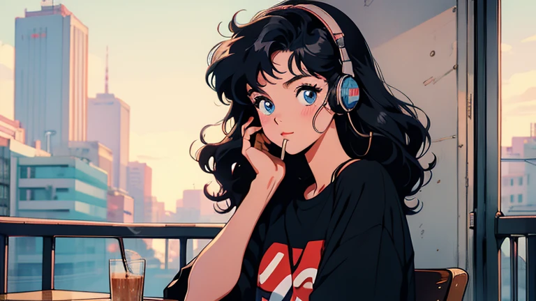 retro, city pop , anime, manga, 22years, girl, put on headset, wearing a supreme t-shirts, cafe, listning music, blue eyes, curly black hai