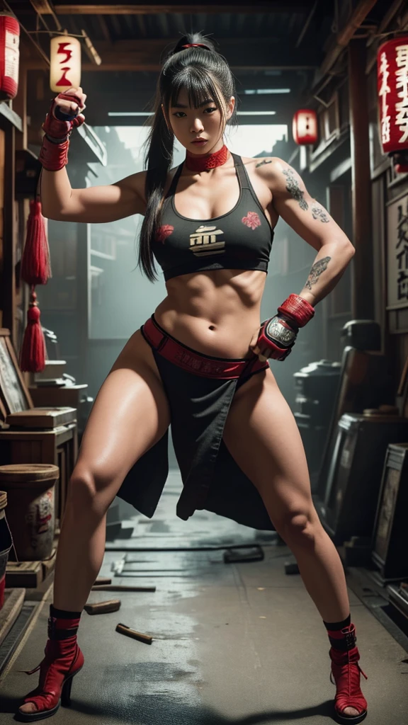 Beautiful Japanese female, (), Mixed Martial Arts, (belly exposed, everyday clothes worn around the house:1.3), tank top, (MMA gloves), fit, (muscles:1.2), athletic feminine body, female fitness model body, Tokyo landmarks in the background, masterpiece, perfect lighting, ultra high resolution, 8K, She is an exceptional MMA fighter, hard toned feminine body, (very long ponytail, straight bangs:1.2), (sexy smile for the camera:0.7), (very sexy pose), (kung fu fighter in fighting stance, holding very large weapon in hand, wearing very large weapon, standing with very large weapon, raising very large weapon:1.3), (tattoos all over body, 80% of body covered in Japanese tattoos:1.5), red lips, red high heels, choker, necklace, earrings, (highly detailed:1.4), front view, looking at camera, pensive expression, (Tokyo city, many people in the background),