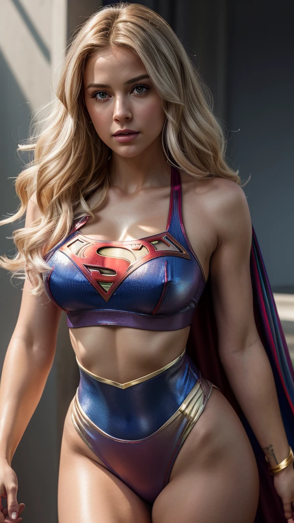 Hyper-realistic image of Supergirl in a scene where she is fading into small particles, her breasts are extra ultra large and cleavage in her translucent and transparent blouse and blouse, her hair is gold and silver and pink and curly cinematic lighting effects maximum quality image. The girl is in a sports swimsuit and a red and blue crop top with gold edges. Her clothing is metallic. 