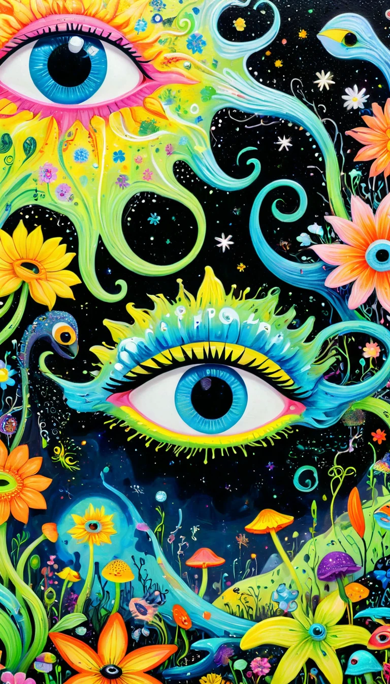 Children's graffiti,Thick coating，Concave and convex texture，Oil pastel strokes：Colorful black，Dopamine color matching，爱吃fish的猫、flowesh、Tentacles、bird、(((Eye)))、diatom，Abstract mosaic painting，Describing the inner world of autistic people，Sense of space，White Space，interesting，Innocence，Psychedelic Art，
