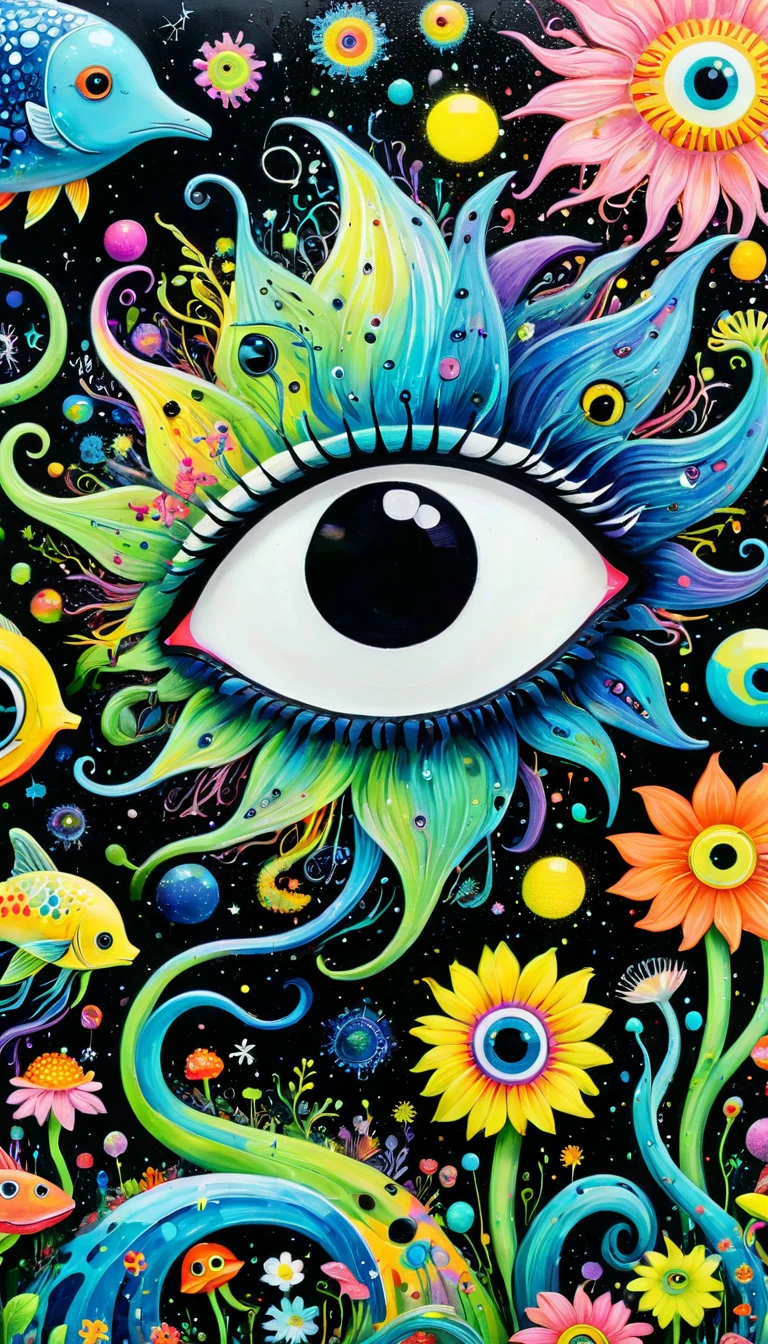 Children's graffiti,Thick coating,Concave and convex texture,Oil pastel strokes:Colorful black,Dopamine color matching,爱吃fish的猫、flowesh、Tentacles、bird、(((Eye)))、diatom,Abstract mosaic painting,Describing the inner world of autistic people,Sense of space,White Space,interesting,Innocence,Psychedelic Art,