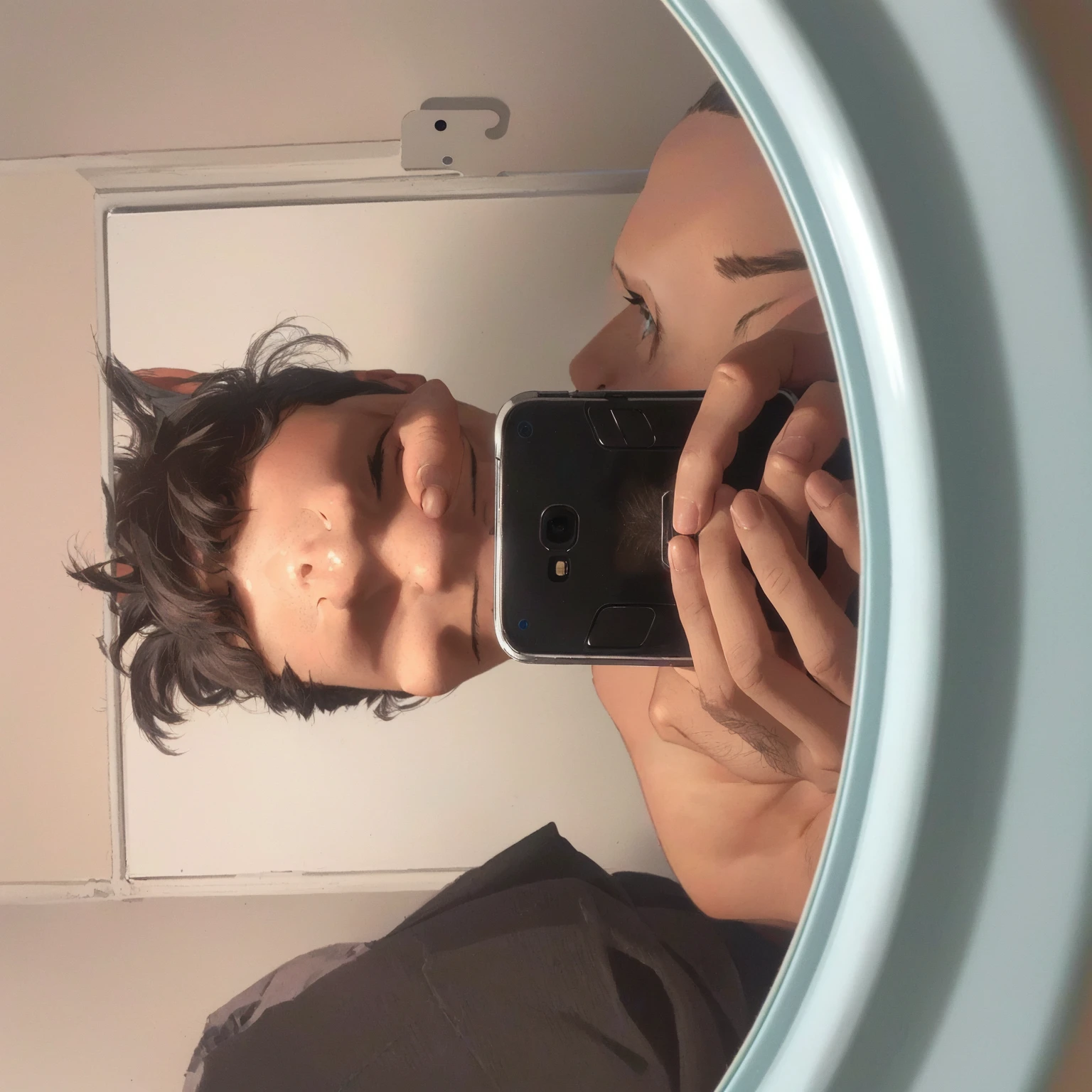 Arafed man taking a selfie in a mirror with his cell phone, selfie mirror, little selfie, 23 years, 21 years, autophoto, 24 years old, 22 years, very very low quality image, 18 years, around 20 years, 16 years old, autofoto iphone, 27 years old, dirty mirror