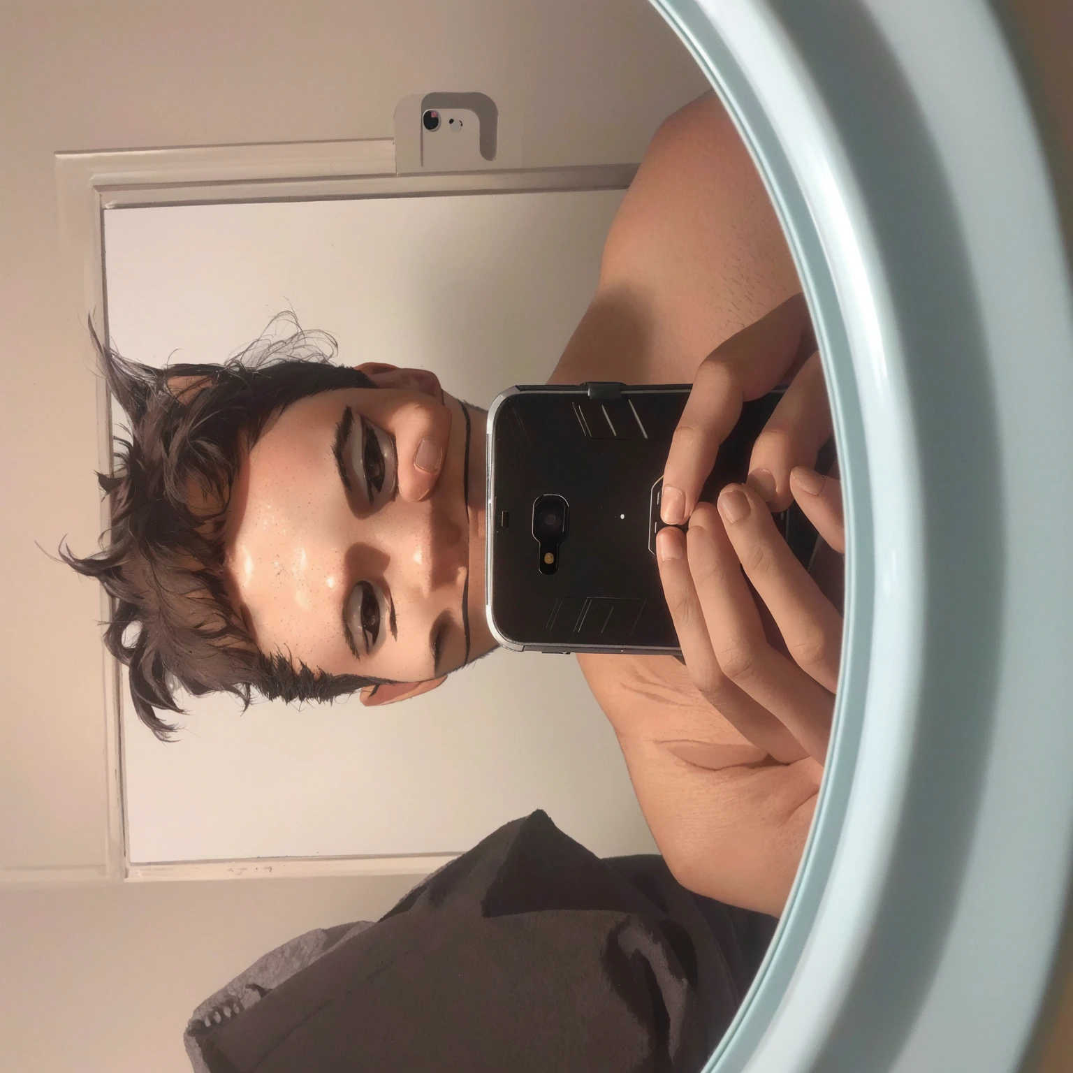 Arafed man taking a selfie in a mirror with his cell phone, selfie mirror, little selfie, 23 years, 21 years, autophoto, 24 years old, 22 years, very very low quality image, 18 years, around 20 years, 16 years old, autofoto iphone, 27 years old, dirty mirror