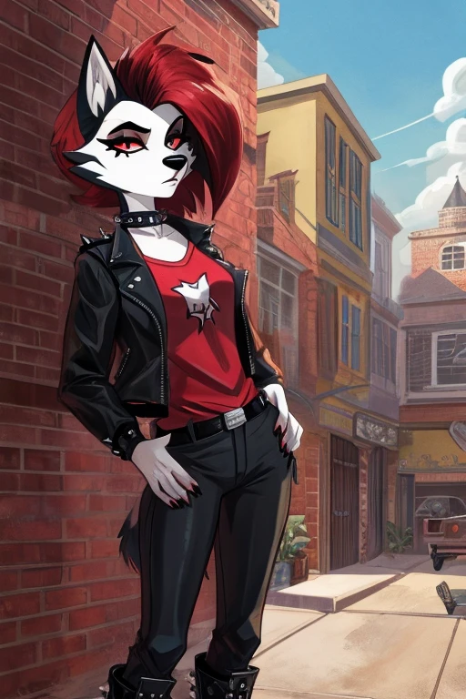 Art helluva boss,furry masculino,husky,black and white fur color,beauty,black and red hair color,clara dos olhos completamente vermelha,white pupils,normal facial expression,Dog Collar,punk jacket,red shirt,black military pants,military boots, suburban cartoon scenery.