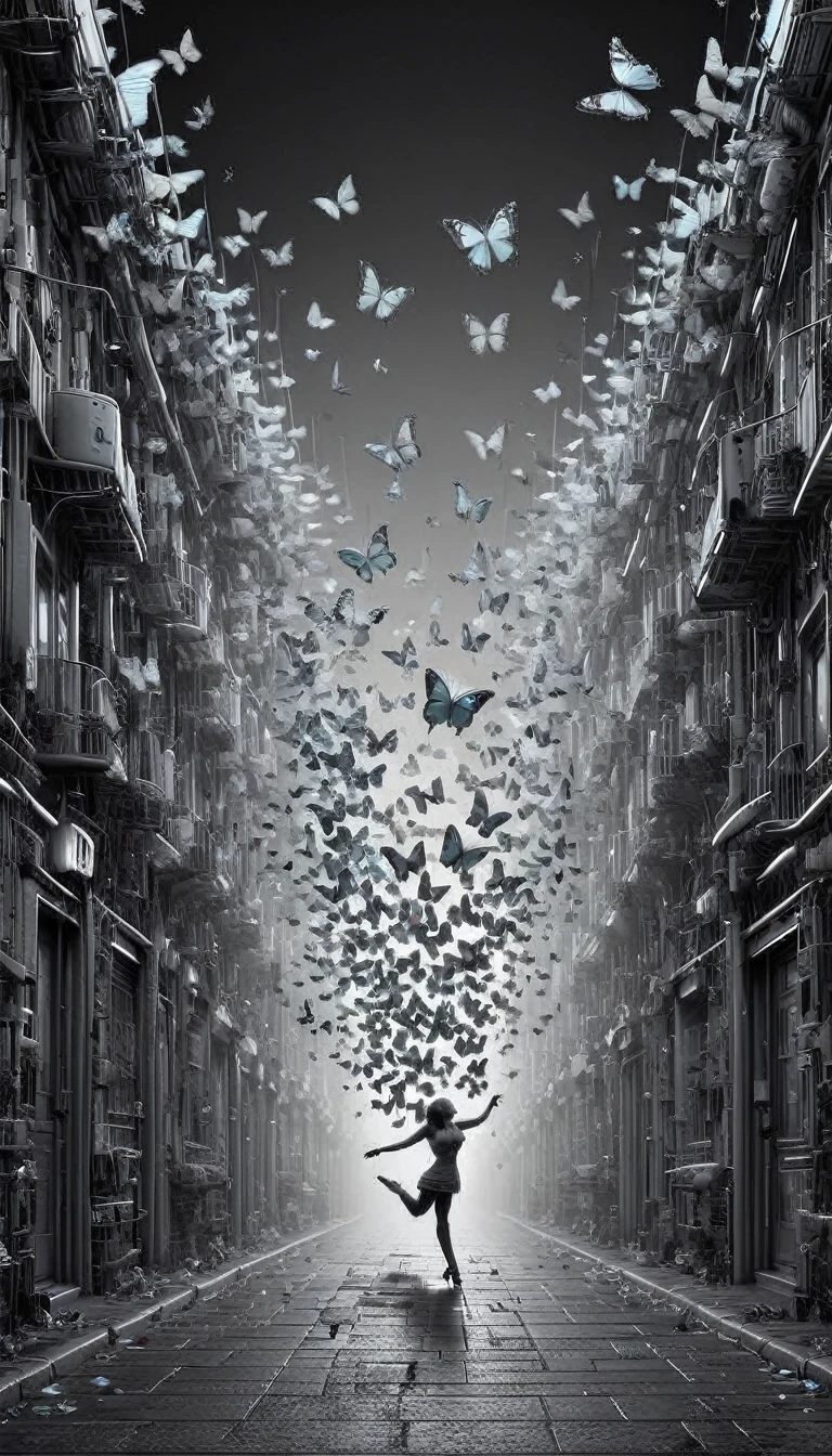 Colorful butterflies, Dancing in the neon alleys, A brief burst of color in a monochrome world 